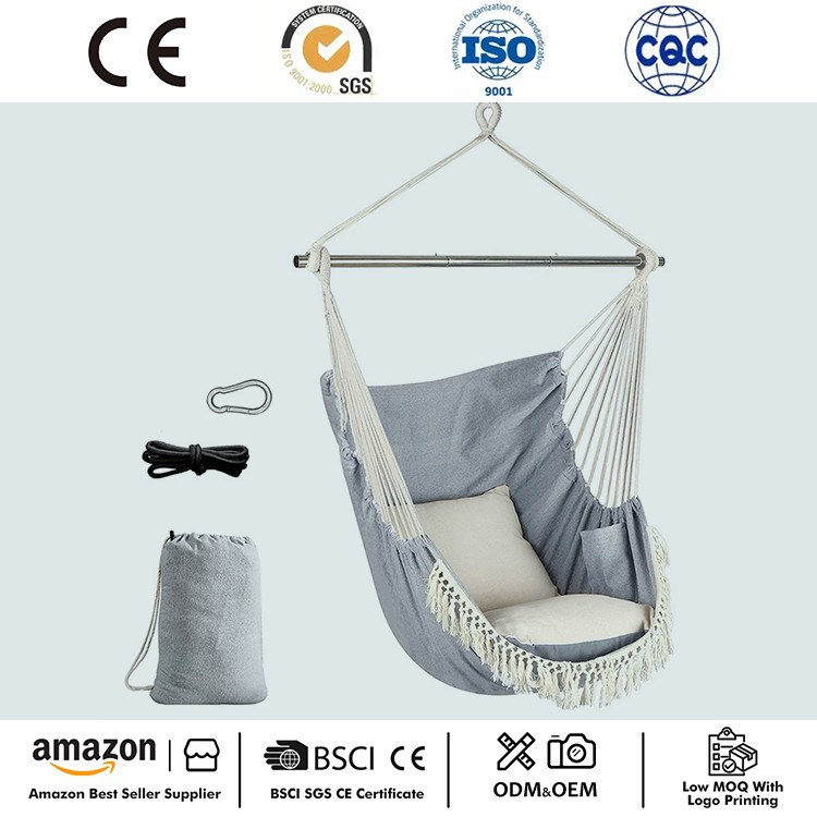 Chaise suspendue portable en macramé avec poche latérale